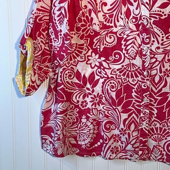 Pappagallo 3/4 Sleeve Button Up Top Women 3X Pink Yellow Tropical Peekaboo Cuffs - Picture 4 of 12